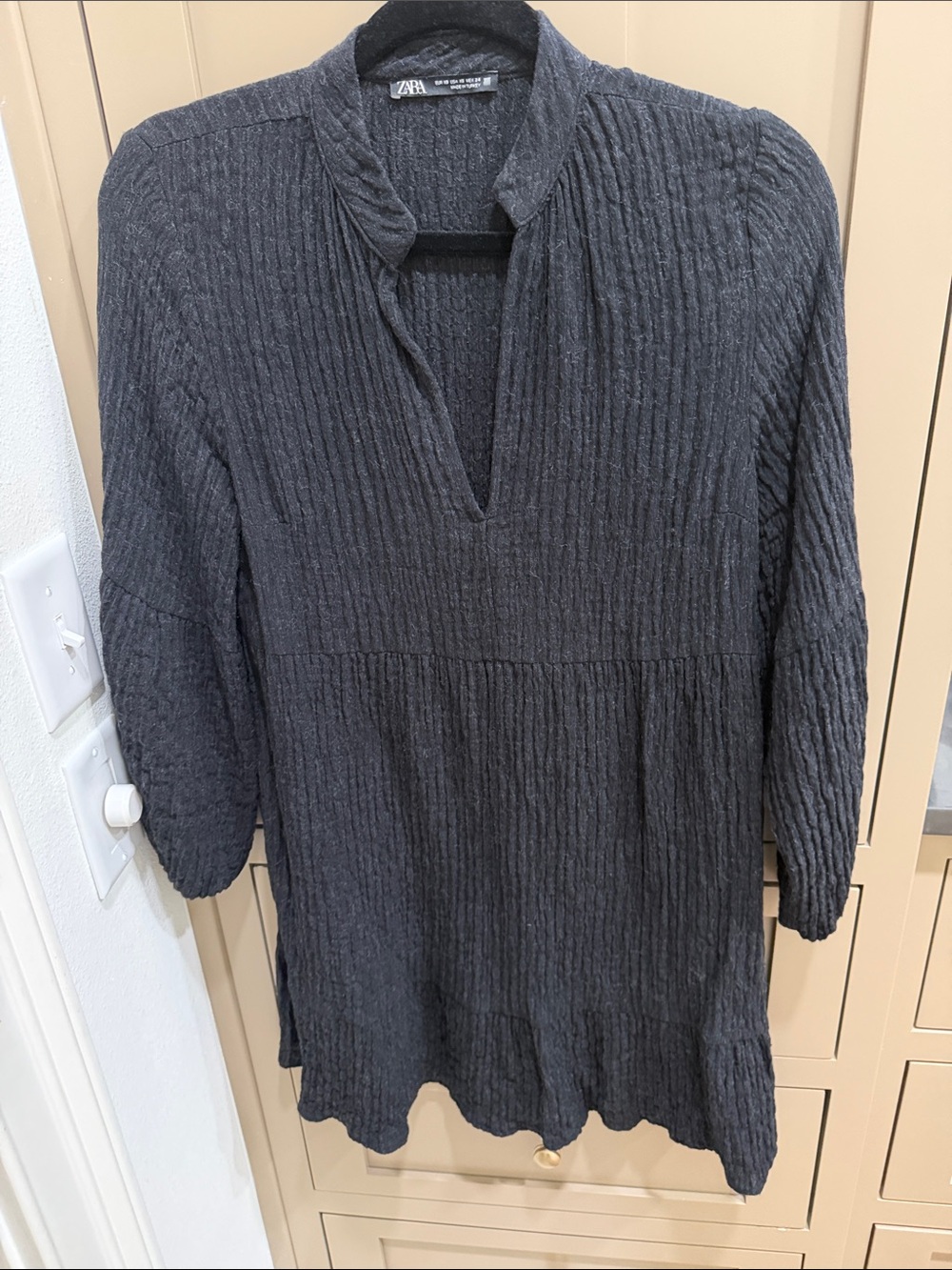 Zara Charcoal Ribbed V-Neck Long Sleeve Dress